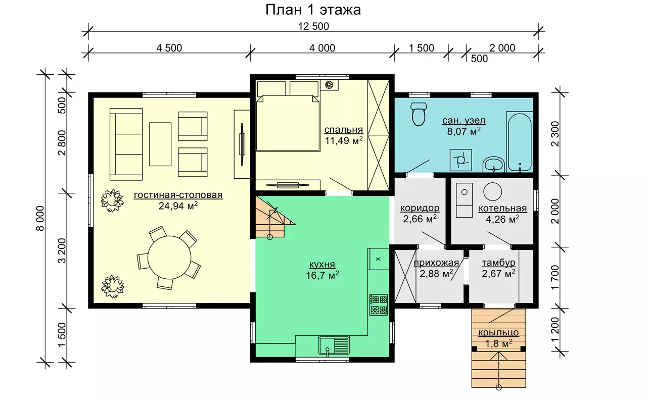 Дом из бруса 8 на 12 м. проект 097-Б | Полутораэтажные дома из бруса под  ключ, усадку - недорого в СПб, проекты и цены