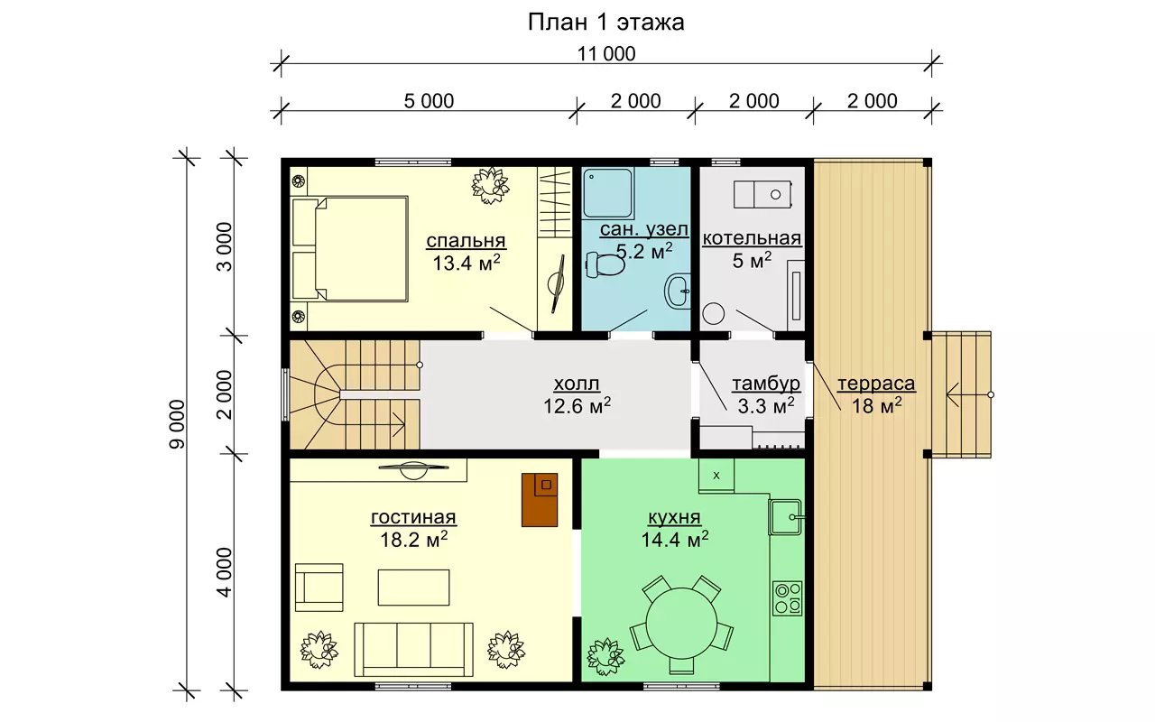 Дом из бруса 9 на 11 м. проект 115-Б | Полутораэтажные дома из бруса под  ключ, усадку - недорого в СПб, проекты и цены