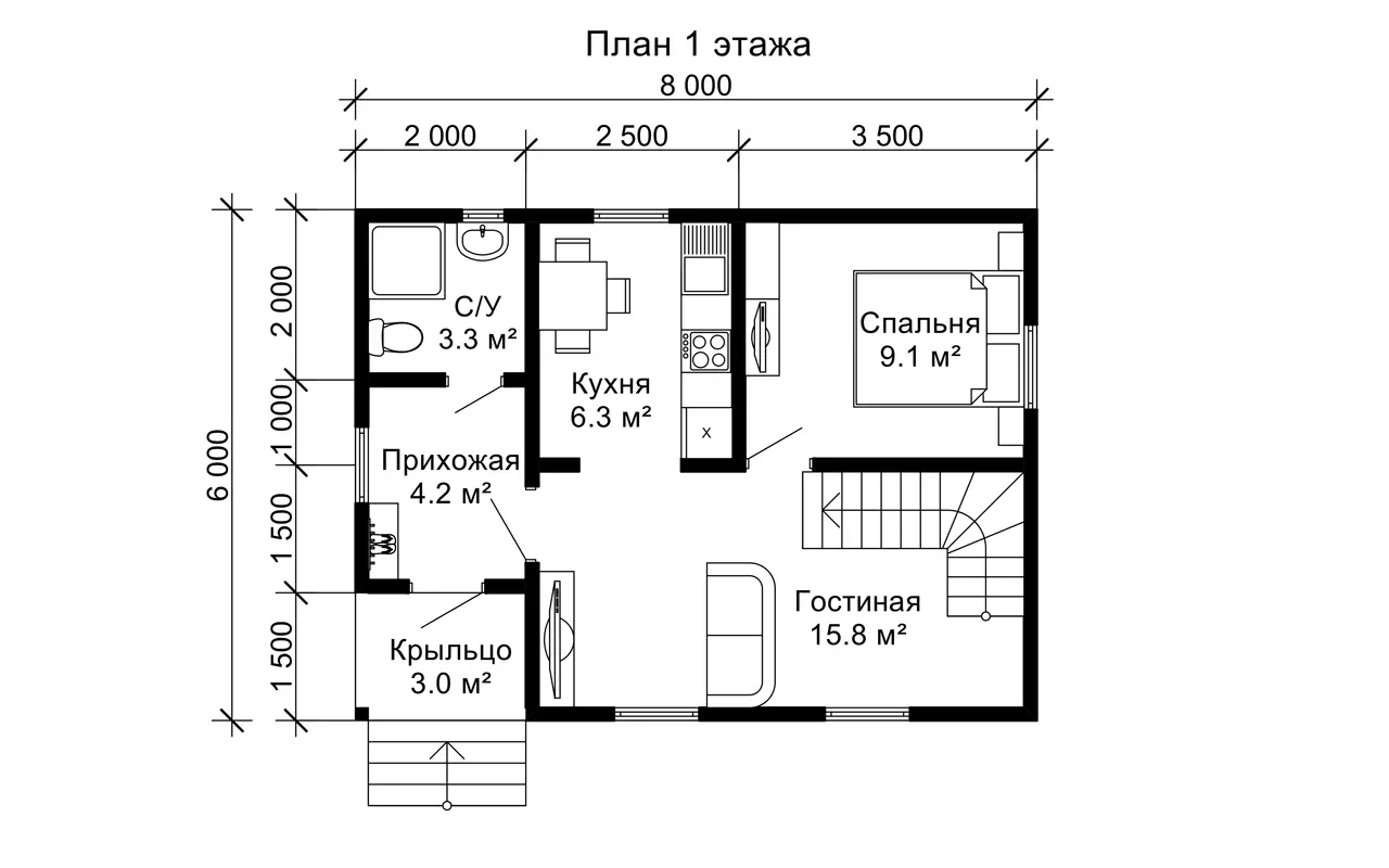 Каркасный дом 6 на 8 м. проект 104-К | Двухэтажные каркасные дома недорого  в СПб, проекты и цены